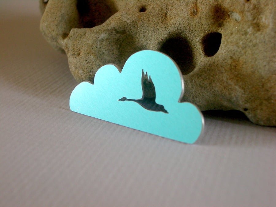 Cloud brooch with swan in sky blue