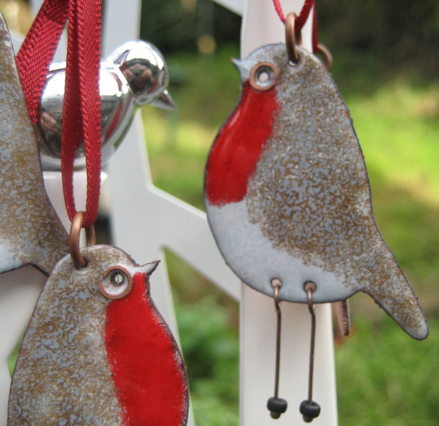 3 Copper Enamelled Christmas Robins  with dangly legs!