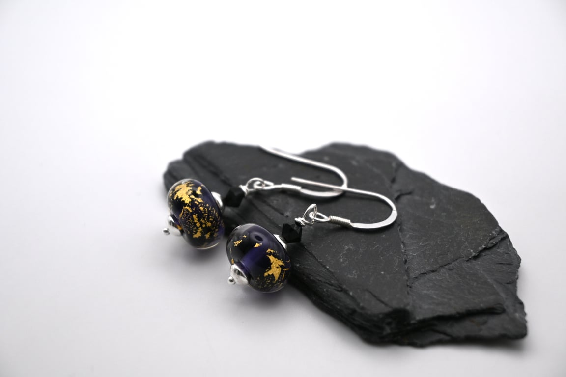purple and gold leaf lampwork glass earrings