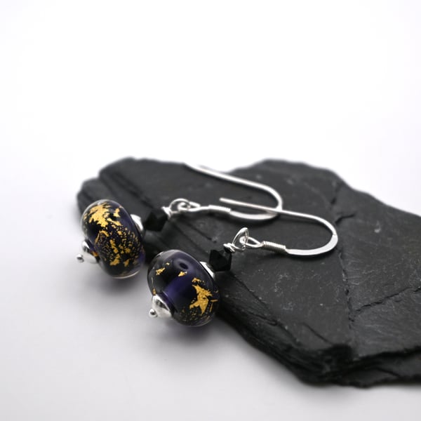 purple and gold leaf lampwork glass earrings
