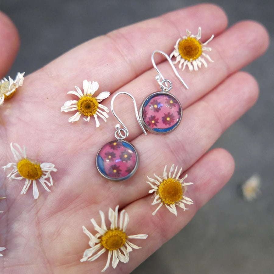 Pink Floral Dangle Earrings, Red Flowers Art Jewellery, Flower Artwork