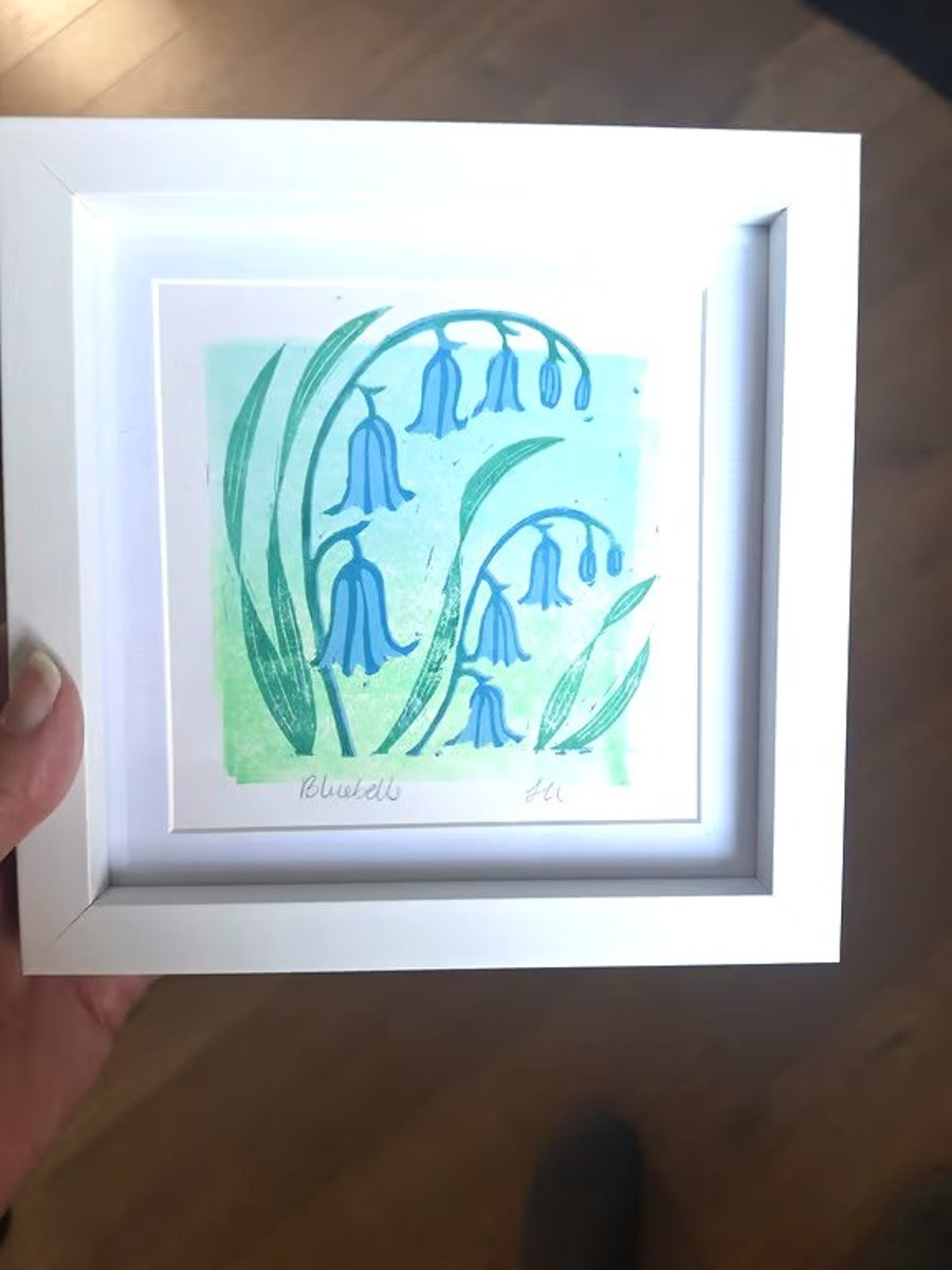 An original handprinted linoprint of Bluebells