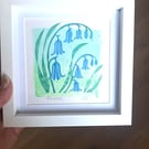 An original handprinted linoprint of Bluebells