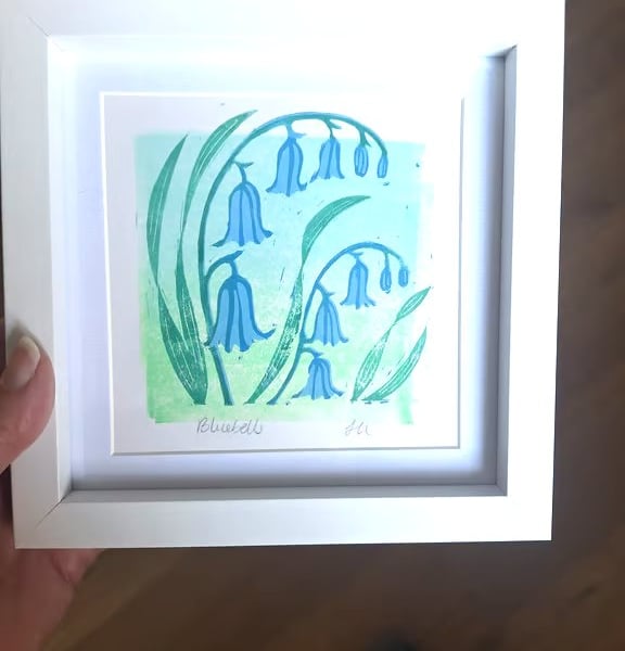 An original handprinted linoprint of Bluebells