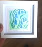 An original handprinted linoprint of Bluebells
