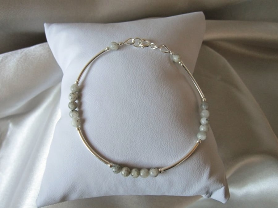 Light Grey Yukon Riverstone & Sterling Silver Curve Tubes Designer Bracelet 