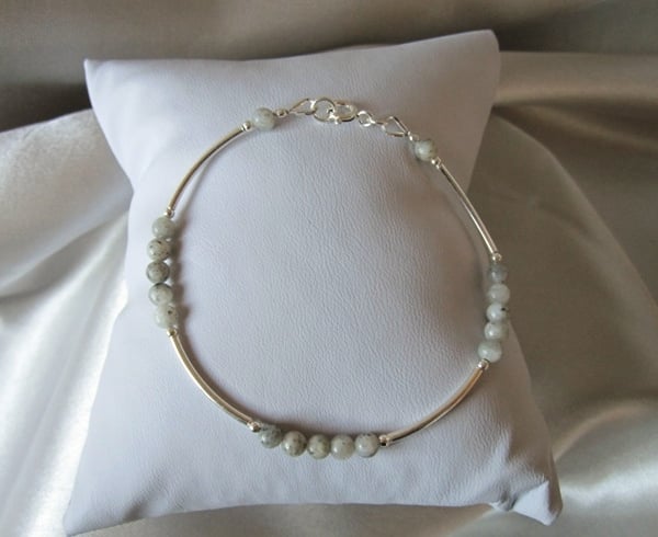 Light Grey Yukon Riverstone & Sterling Silver Curve Tubes Designer Bracelet 