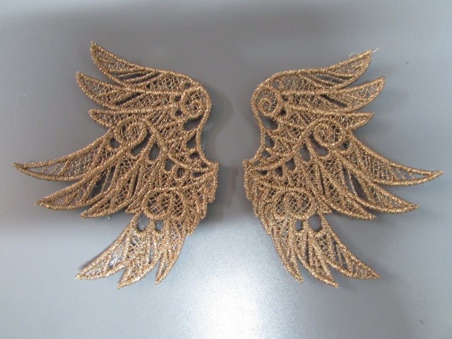 Embroidered Lace Metallic Copper Angel Wings Applique you choose colour