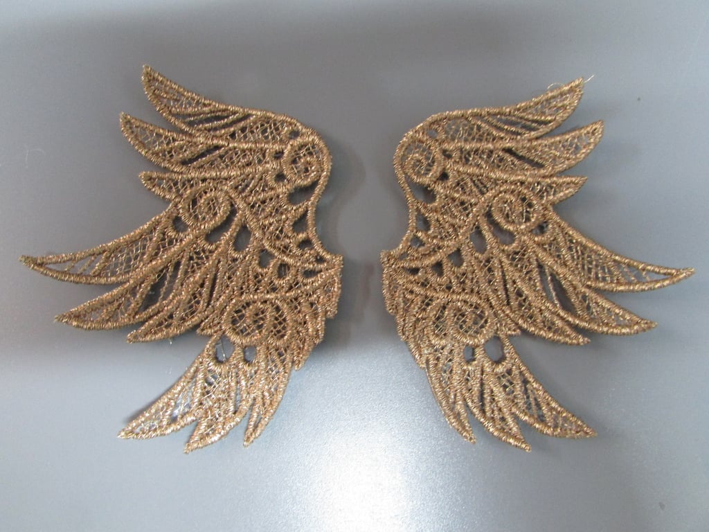 Embroidered Lace Metallic Copper Angel Wings Applique you choose colour