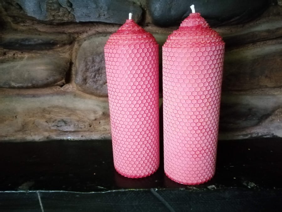 A Pair of Bright Red rolled beeswax candles 65mm diameter x 200mm high