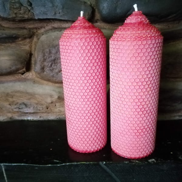 A Pair of Bright Red rolled beeswax candles 65mm diameter x 200mm high