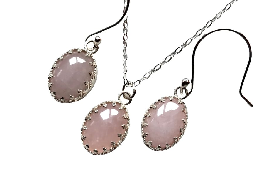 Sterling Silver Rose Quartz Crystal Gemstone Necklace & Earrings Gift Set