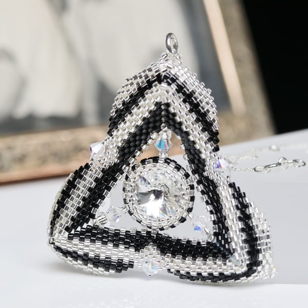 Silver and Black Triangular Pendant with Crystal and Sterling Silver