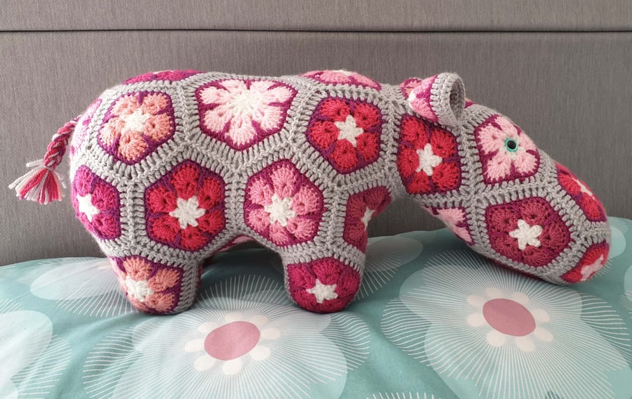 Crochet Pink African Flower Hippo stuffed animal toy