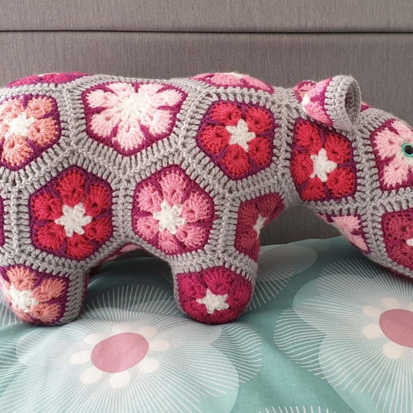Crochet Pink African Flower Hippo stuffed animal toy