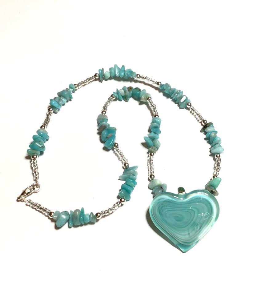 Recycled beads - turquoise coloured Amazonite necklace & glass heart pendant. 