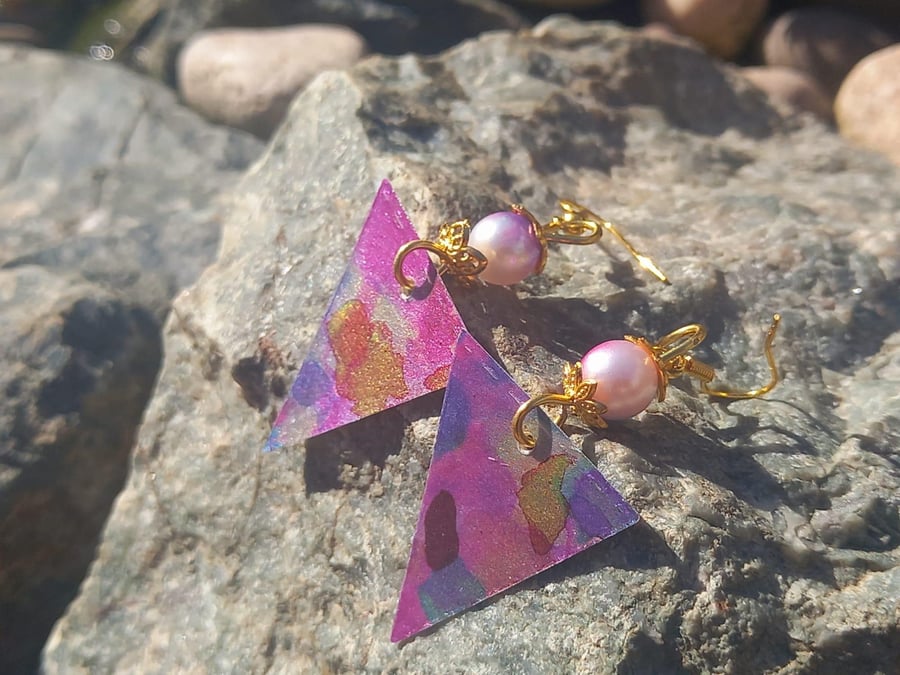 Purple Marbled Triangle Dangle Earrings