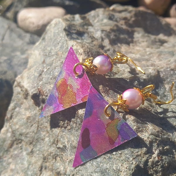 Purple Marbled Triangle Dangle Earrings