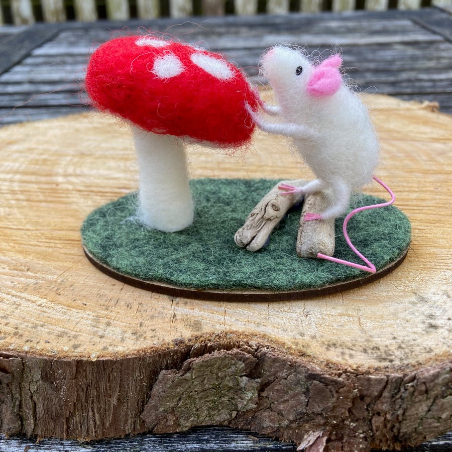 Toadstool with mouse, needle felted sculpture