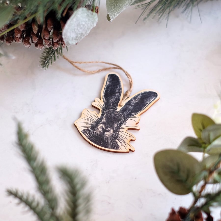 Hare printed plywood decoration bauble ornament