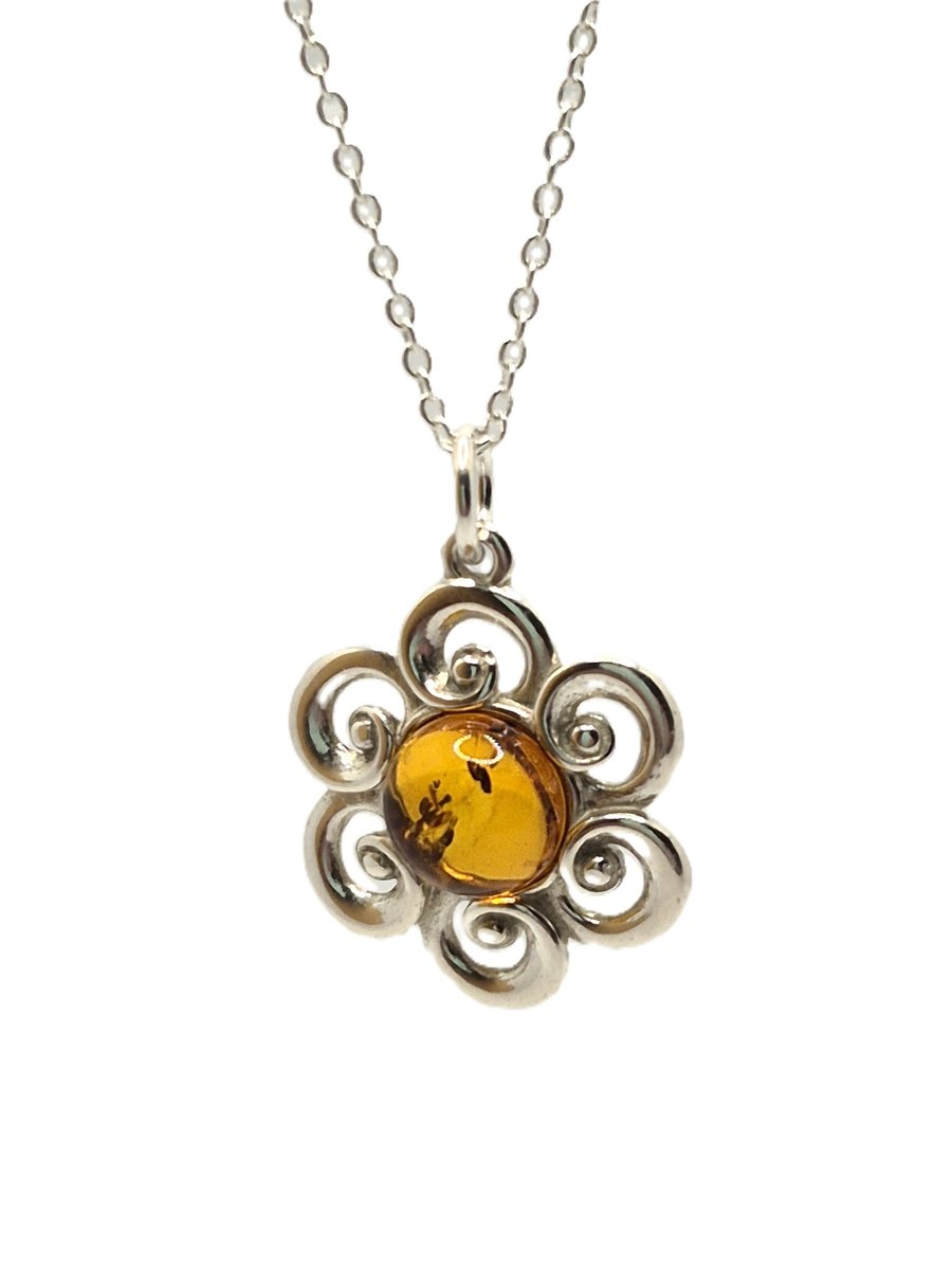 Cognac baltic amber and sterling silver flower pendant and chain