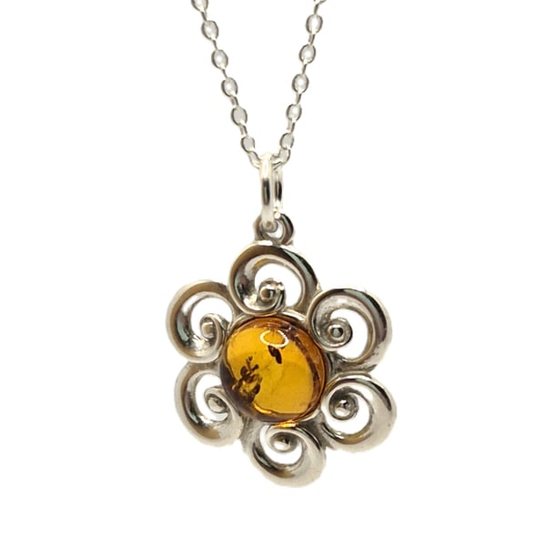 Cognac baltic amber and sterling silver flower pendant and chain