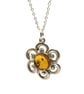 Cognac baltic amber and sterling silver flower pendant and chain