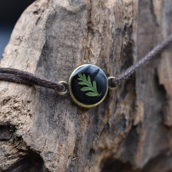 Adjustable Resin Bracelet with Real Silverweed Leaf, Waxed Cotton Cord