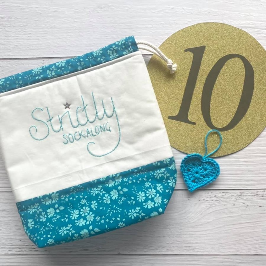 'Strictly Sock-Along' Project Bag with Hand Embroidery - Turquoise