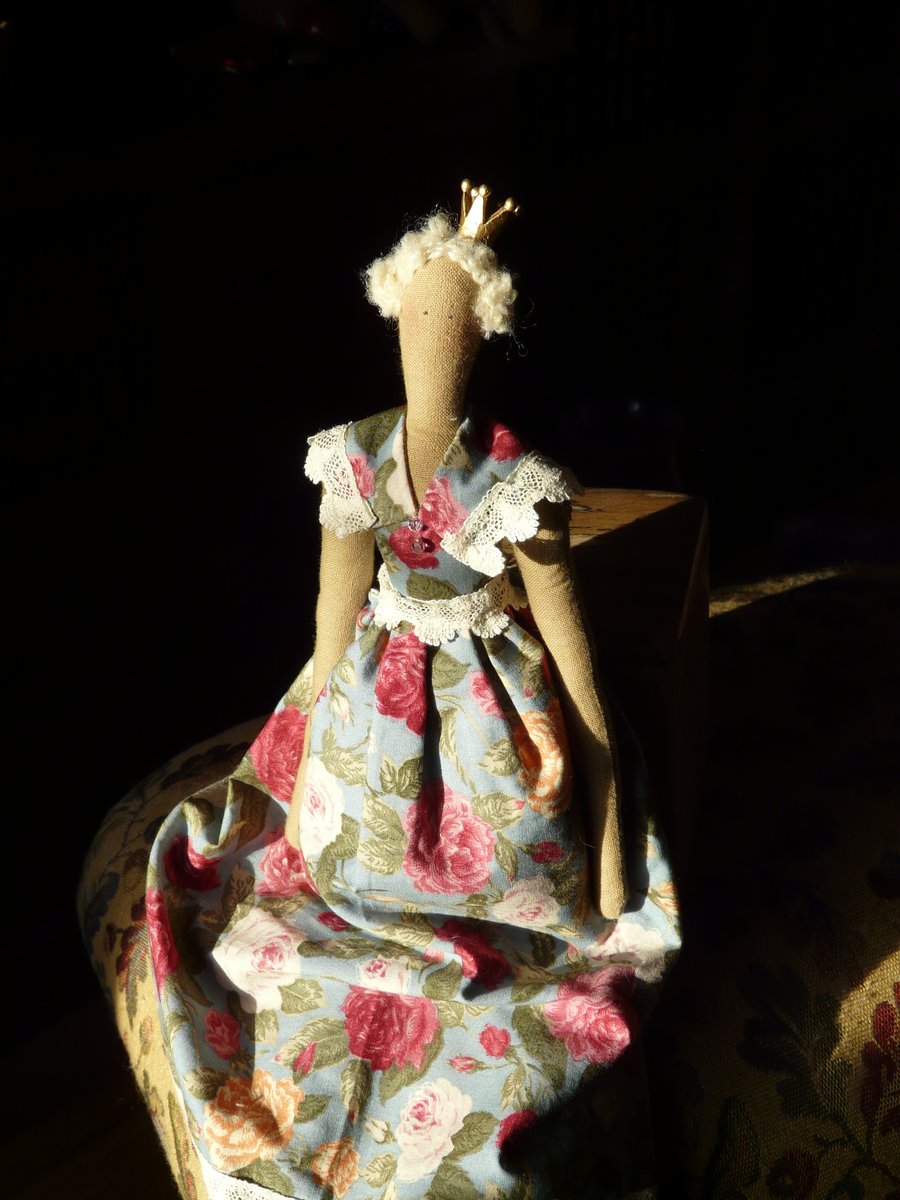 Handmade Cotton Doll in Vintage Dress with Crown