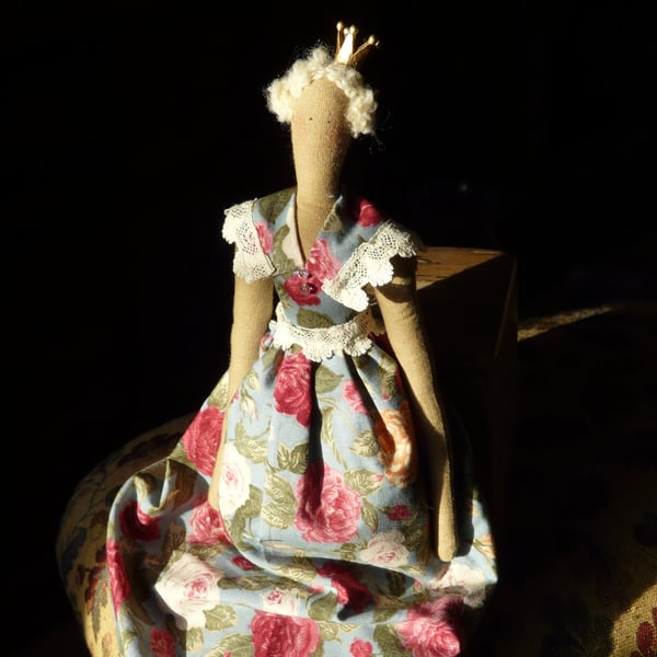 Handmade Cotton Doll in Vintage Dress with Crown