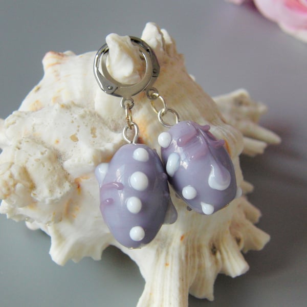 Lilac Art Glass Bead with White Dots Earrings, Gift for Her, Lilac Earrings