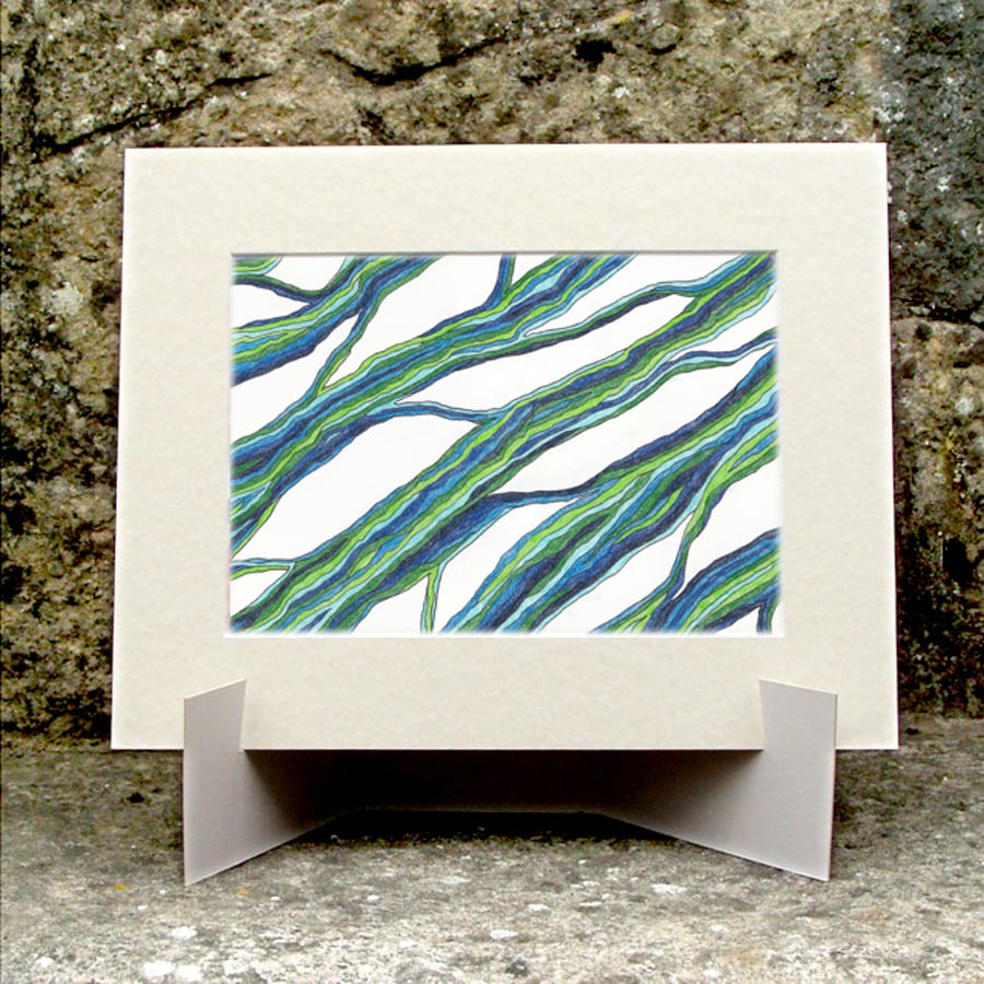 Original Abstract Coloured Pencil Drawing Green Blue - Ribbons No.5