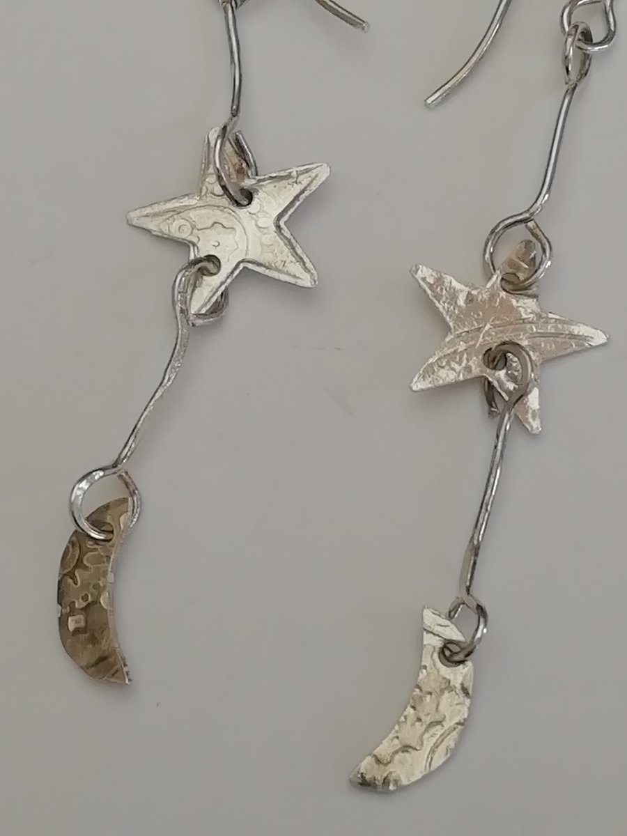 Star and Moon Sterling Silver Drop Earrings 