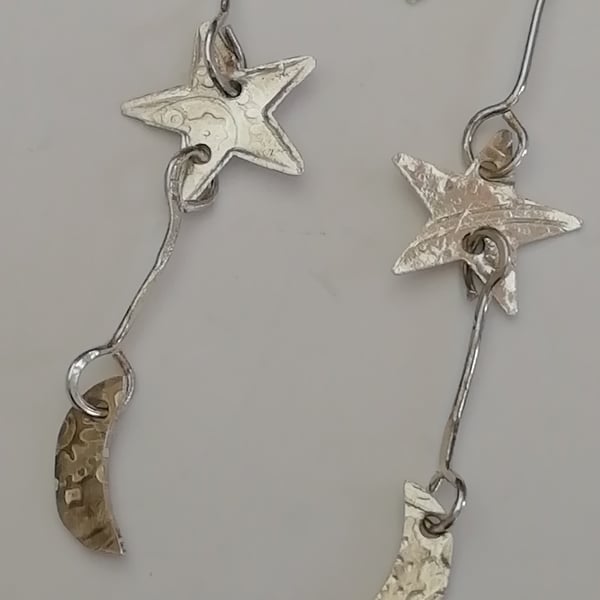 Star and Moon Sterling Silver Drop Earrings 