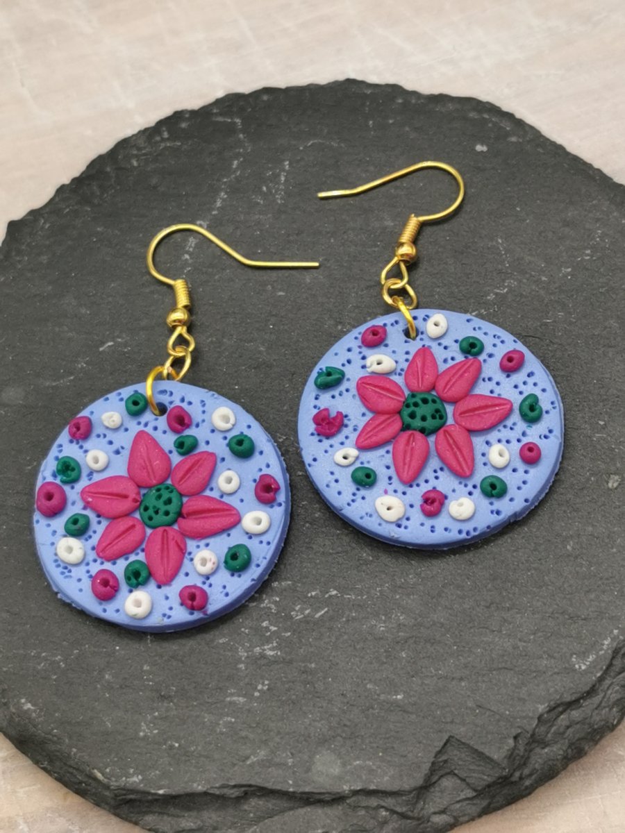 Cute, pink flower, textured, disc earrings. Handmade, polymer clay. 