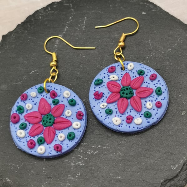 Cute, pink flower, textured, disc earrings. Handmade, polymer clay. 