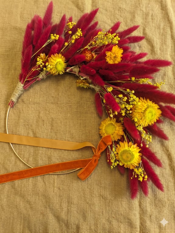 Boho Dried Flower Wreath with Burgundy Bunny Tails & Yellow Strawflowers