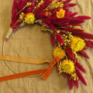 Boho Dried Flower Wreath with Burgundy Bunny Tails & Yellow Strawflowers