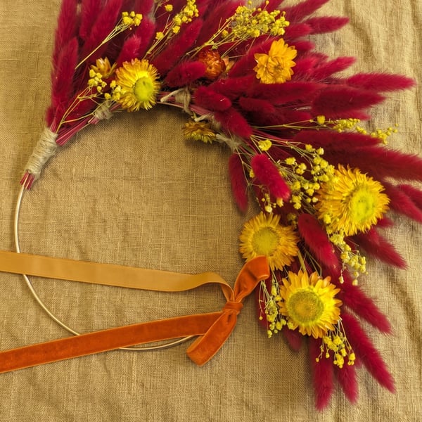 Boho Dried Flower Wreath with Burgundy Bunny Tails & Yellow Strawflowers