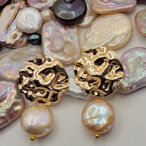 Gold Ripple Effect Earrings with Pearl Coin Accent