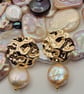 Gold Ripple Effect Earrings with Pearl Coin Accent - Image 1