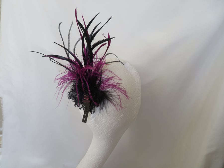 Amethyst and Black Feather Vintage Regency Style Clip in Headpiece