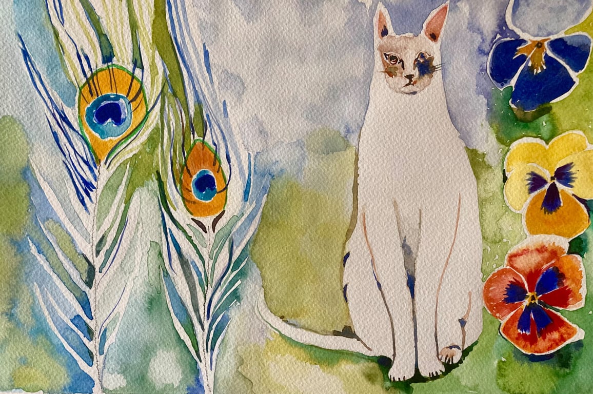 Cat & peacock feathers watercolour painting