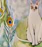 Cat & peacock feathers watercolour painting