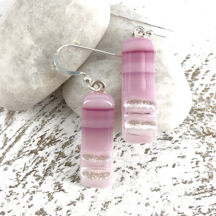 Pink Glass Drop Earrings on Silver Wires