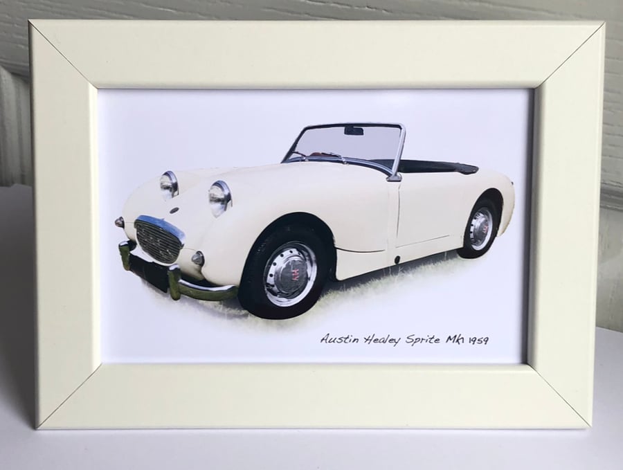 Austin Healey Sprite Mk1 1959 - 4x6", A4 or A3 Print in a Black or White frame