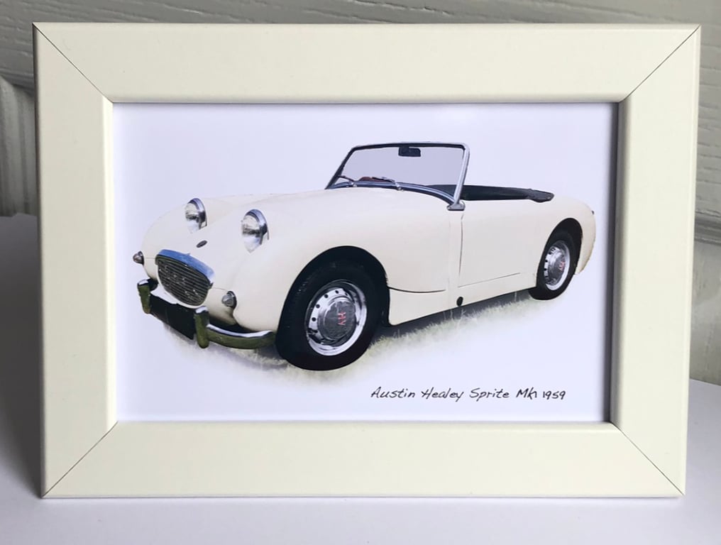Austin Healey Sprite Mk1 1959 - 4x6", A4 or A3 Print in a Black or White frame