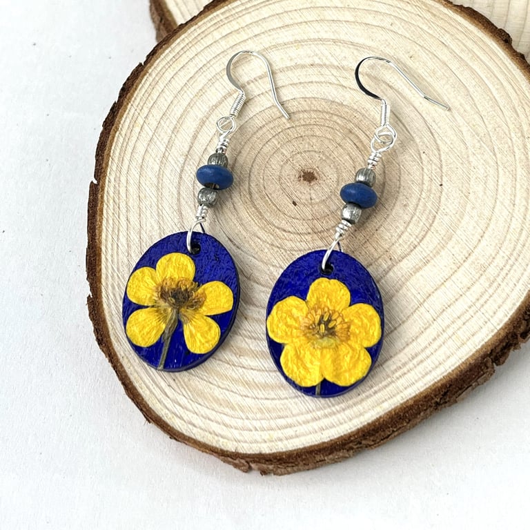Real Pressed Buttercup Blue Sliver Plated Dangle Wood and Bead Earrings