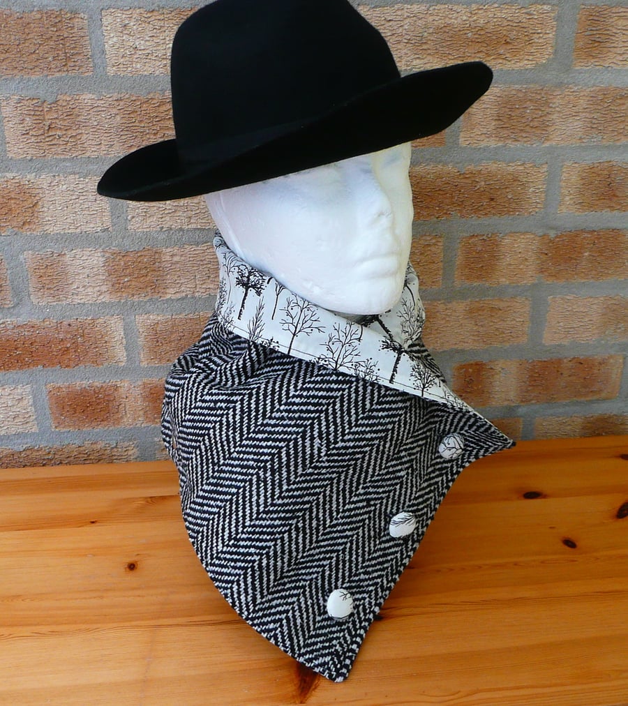 Neck warmer, tweed scarf, button trim tweed & cotton collar, herringbone scarf